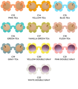 Flat lay of flower shaped kids sunglasses in ten assorted pastel colors and matte frames