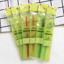 Detailed view of SKC plastic crochet hooks set in sizes 4.0mm to 10.0mm with clear packaging