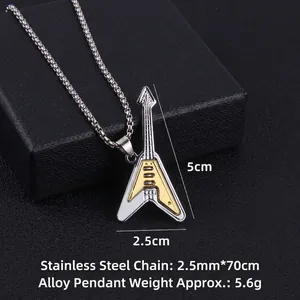Guitar pendant necklace in two-tone stainless steel with long 70cm box chain