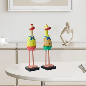 Mediterranean nautical wooden duck figurines set with hand-painted polka dots and long legs