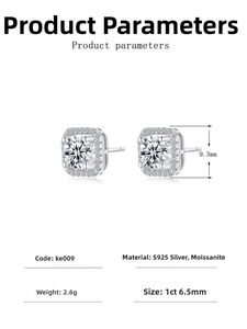 Detail view of square halo moissanite stud earrings showing 9.3mm dimensions and 925 silver