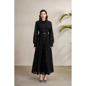 Women Black Lace Patchwork Maxi Dress Long Sleeve Lapel Collar Button Down A-Line Elegant Party Gown With Belt