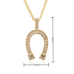 Detailed dimensions of 18k gold horseshoe pendant necklace with clear cubic zirconia