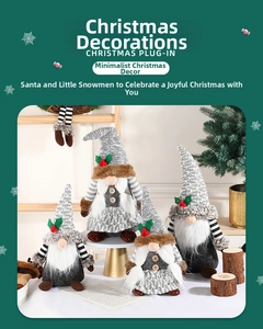 Detail of four knit Christmas gnomes with red berries on hats for festive decor
