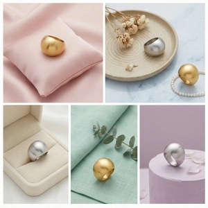 Detailed views of gold and silver dome rings on various elegant lifestyle backdrops