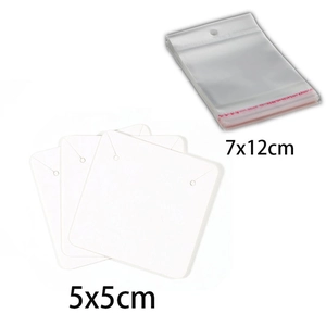Detail of 7x12cm clear self-adhesive bags and 5x5cm white earring display cards