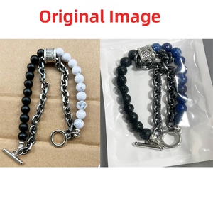 Close-up of beaded and metal chain bracelets with T-bar clasps and natural map stones
