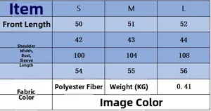 Detailed size chart for women's knit jacket showing S, M, L dimensions and fabric specs