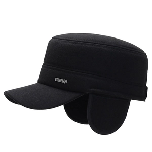 Winter men's black wool flat top military cap with warm ear flaps and classic metal tag