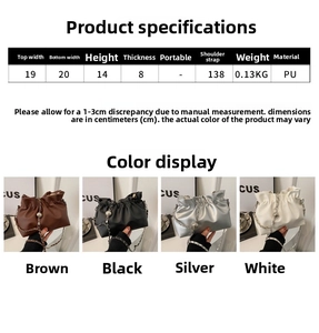 Detailed size specifications and multi-color options for the ruched cloud chain bag