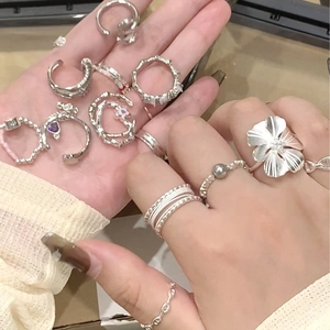Elegant adjustable silver pearl ring set with floral and enamel designs for women