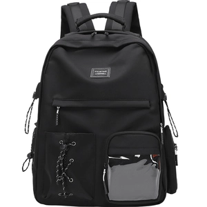 Minimalist black multi-pocket student backpack with clear PVC pocket and decorative laces