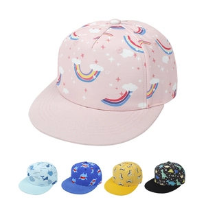 Kids flat brim hip hop caps featuring colorful cartoon animal and rainbow prints
