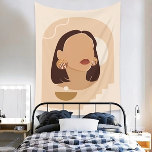 Bohemian abstract female face tapestry wall hanging in earthy tones for home decor