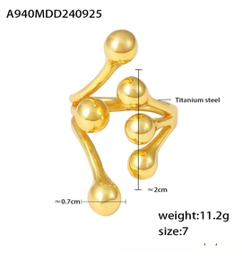 Detail view of 18K gold plated titanium steel ring with creative multi-ball design