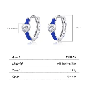 Sterling silver hoop earrings with blue heart charm and dimensions shown in a product view