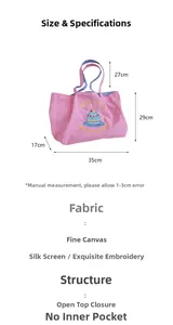 Detailed dimensions of the pink canvas tote bag with cake embroidery and shoulder straps