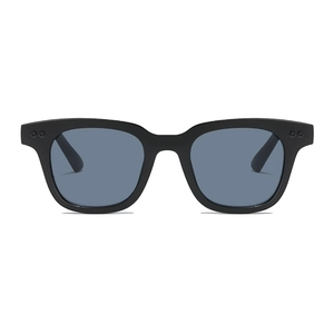Classic black square sunglasses with grey blue lenses and metal rivet details