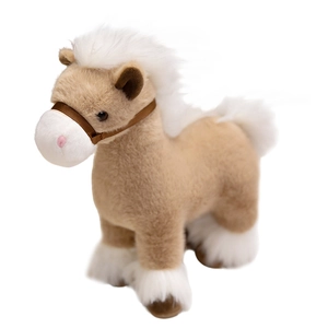 Standing cartoon plush pony doll with brown body and white mane on a white background