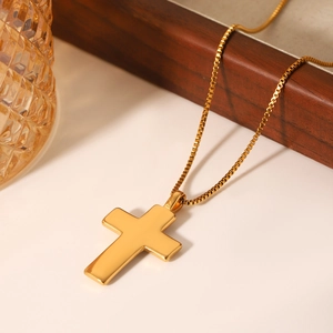 Polished 18K gold stainless steel box chain necklace with a sparkling diamond cross pendant