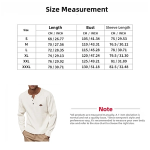 Size chart for men's waffle Henley shirt showing CM and INCH measurements from S to 3XL