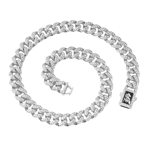 Silver iced out Cuban link chain necklace with a black and silver dollar sign buckle