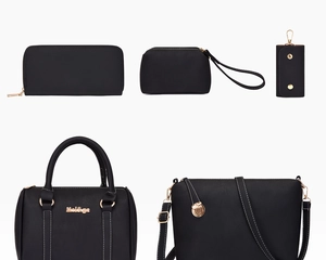 Detailed five-piece black handbag set with litchi grain PU leather and gold hardware