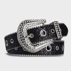 Fashionable black rhinestone belt with sparkling crystals and silver buckle for women