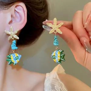 Tropical sea star and stone fish dangle earrings for beach vacation jewelry styles