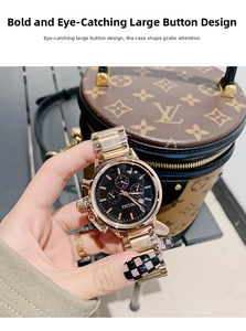 Detail of gold stainless steel chronograph watch with black dial and date window