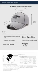 Size chart for quick-dry baseball cap with dimensions, weight and head circumference guide