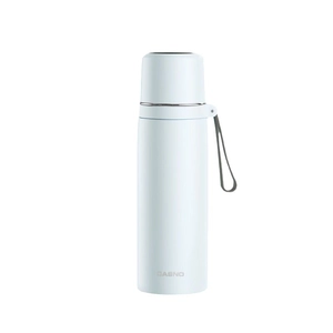 Insulated stainless steel water bottle in light blue with carry strap and logo