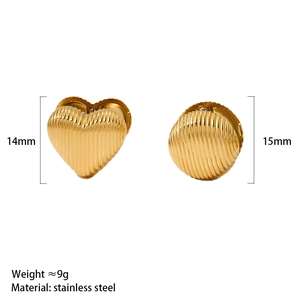 Gold stainless steel textured heart and circle stud earrings for a trendy fashion look