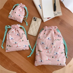 Three-piece set of cotton drawstring bags with cute duck prints in various sizes