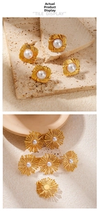 Detailed tile display of gold floral and square textured earrings with white pearls