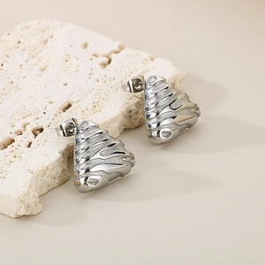 Minimalist silver triangle stud earrings with vintage embossed rippled texture for women