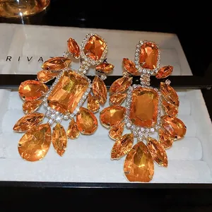 Vintage court style amber crystal geometric drop earrings with silver needle and diamonds