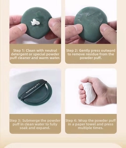 Four-step cleaning guide for non-latex round cushion puff with black ribbon detail