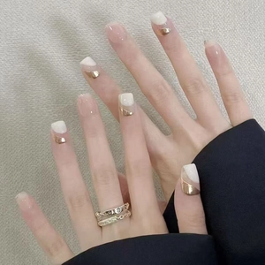 French Style Press On Nails Short Geometric Cream Gold Marble Pattern Full Cover False Nails Daily Manicure DIY Nail Art For Women