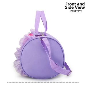 Detail of lavender ballet bag featuring delicate lace trim and adjustable shoulder straps