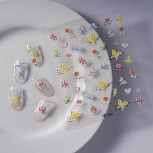 Colorful butterfly and floral nail art stickers set with embossed heart patterns