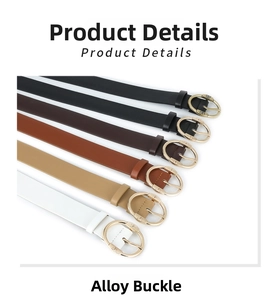 Detailed view of women's leather belts with vintage gold alloy buckles in five colors