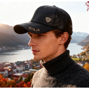 Close-up of black leather baseball cap with gold embroidery and metal crest badge detail