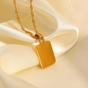 18K gold plated stainless steel necklace with rectangular angel relief pendant and rope chain
