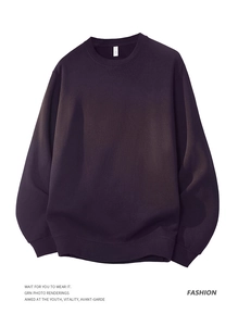 Detail of premium heavy fleece sweatshirt in deep purple with ribbed cuffs and crew neck