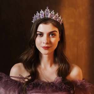 Detailed view of luxury bridal tiara with purple crystals and sparkling diamonds