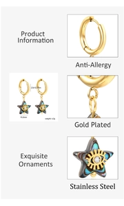 Detail of gold-plated stainless steel star earrings with abalone shell and evil eye motif