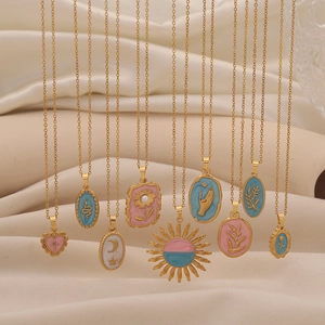 Stainless Steel Enamel Pendant Necklace Vintage Gold Plated Floral Heart Star Moon Snake Jewelry For Women