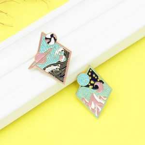Fashionable rhombus enamel pins featuring starry night mountain and ocean wave designs