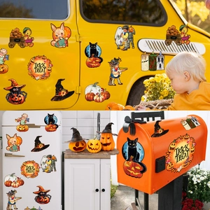 Retro Halloween gnome magnets shown on a car door, white refrigerator, and orange mailbox
